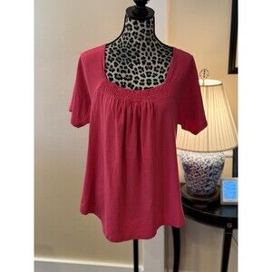 Lands' End Women's Plus Smocked Square-Neck Tee Shirt Top 1X Pink Tunic